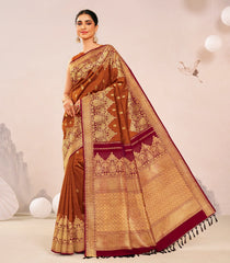 Rust Handloom Golden Kagome Korvai Silk Saree With Floral Zari Buttas - KA16394