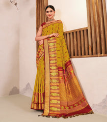 Oil Mustard Handloom Japanese Bijinga Silk Saree With Metallic Japanese Silhouette-KA16399