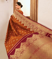Rust Handloom Golden Kagome Korvai Silk Saree With Floral Zari Buttas - KA16394