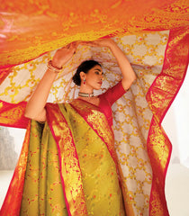 Yellow Handloom Bel Jaal Lino Varna Silk Saree With Meena Motifs-KA16400