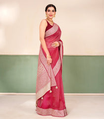 Magenta Printed Pure Organza Silk Saree With Stripes -KS1057