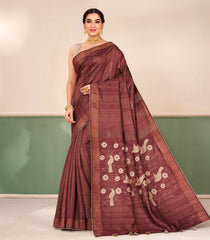 Brown Printed Tussar Silk Saree With Checks & Printed Pallu-TU3688