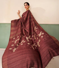 Brown Printed Tussar Silk Saree With Checks & Printed Pallu-TU3688