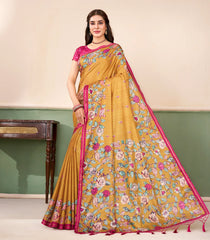 Mustard Printed Synthetic Tussar Saree With Floral Motifs-SY0508