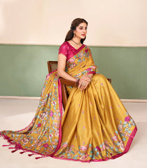 Mustard Printed Synthetic Tussar Saree With Floral Motifs-SY0508