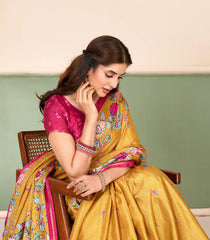 Mustard Printed Synthetic Tussar Saree With Floral Motifs-SY0508
