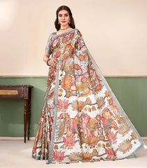 Off White Printed Synthetic Tussar Saree With Kalamkari Motifs-SY0504