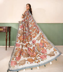 Off White Printed Synthetic Tussar Saree With Kalamkari Motifs-SY0504
