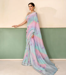 Lavneder Handloom Linen Saree With Printed & Embroidered Floral Motifs-LI0789