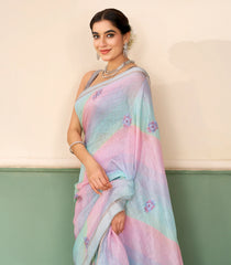 Lavneder Handloom Linen Saree With Printed & Embroidered Floral Motifs-LI0789