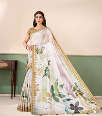 White Printed Synthetic Tussar Saree With Floral Motifs-SY0506