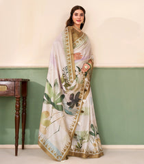 White Printed Synthetic Tussar Saree With Floral Motifs-SY0506