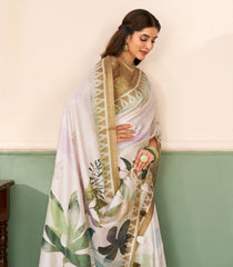 White Printed Synthetic Tussar Saree With Floral Motifs-SY0506