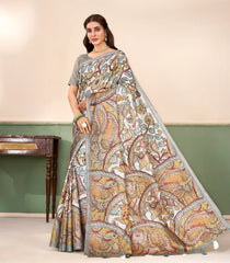 Off White Printed Synthetic Tussar Saree With Kalamkari Motifs-SY0505