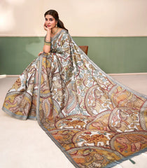 Off White Printed Synthetic Tussar Saree With Kalamkari Motifs-SY0505