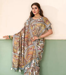 Off White Printed Synthetic Tussar Saree With Kalamkari Motifs-SY0505