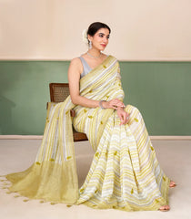 Yellow Handloom Linen Saree With Printed & Embroidered Floral Motifs-LI0788