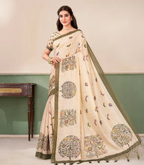 Taupe Printed Synthetic Tissue Linen Saree With Tree Motifs-SY0546