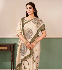 Taupe Printed Synthetic Tissue Linen Saree With Tree Motifs-SY0546