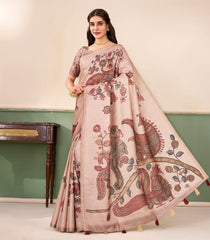 Light Peach Printed Synthetic Linen Saree With Kalamkari Motifs-SY0501