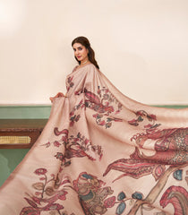 Light Peach Printed Synthetic Linen Saree With Kalamkari Motifs-SY0501