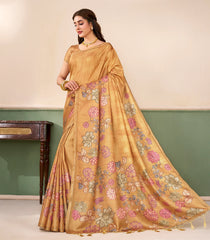 Sandal Printed Synthetic Tussar Saree With Floral Motifs-SY0509
