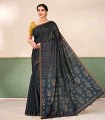 Navy Blue Printed Tussar Silk Saree With Dotted Stripes-TU3661