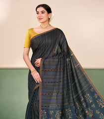 Navy Blue Printed Tussar Silk Saree With Dotted Stripes-TU3661