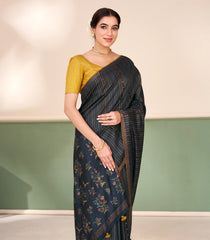 Navy Blue Printed Tussar Silk Saree With Dotted Stripes-TU3661