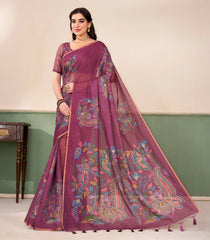 Chestnut Pink Printed Synthetic Linen Saree With Kalamkari Motifs-SY0498