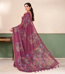 Chestnut Pink Printed Synthetic Linen Saree With Kalamkari Motifs-SY0498