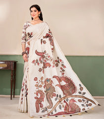 Off White Printed Synthetic Tussar Saree With Kalamkari Motifs-SY0503