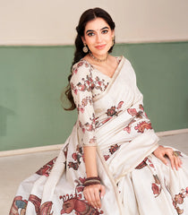 Off White Printed Synthetic Tussar Saree With Kalamkari Motifs-SY0503