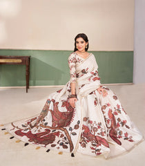 Off White Printed Synthetic Tussar Saree With Kalamkari Motifs-SY0503