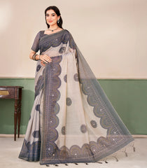 Taupe Printed Synthetic Linen Tissue Saree With Contrast Grey Border-SY0499