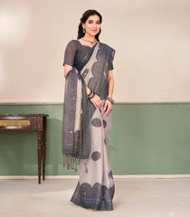 Taupe Printed Synthetic Linen Tissue Saree With Contrast Grey Border-SY0499