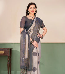 Taupe Printed Synthetic Linen Tissue Saree With Contrast Grey Border-SY0499