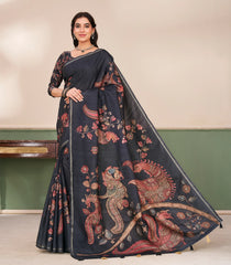Grey Printed Synthetic Tussar Saree With Kalamkari Motifs-SY0502
