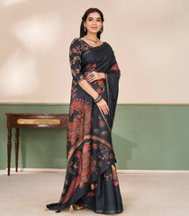 Grey Printed Synthetic Tussar Saree With Kalamkari Motifs-SY0502