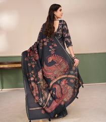 Grey Printed Synthetic Tussar Saree With Kalamkari Motifs-SY0502