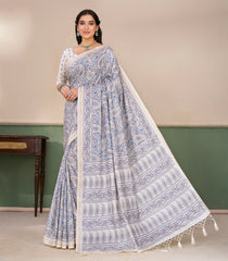 Off White Printed Synthetic Tussar Saree With Floral Motifs-SY0510