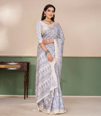 Off White Printed Synthetic Tussar Saree With Floral Motifs-SY0510