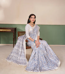 Off White Printed Synthetic Tussar Saree With Floral Motifs-SY0510