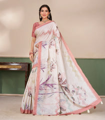 White Printed Synthetic Tussar Saree With Floral Motifs-SY0507