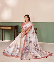White Printed Synthetic Tussar Saree With Floral Motifs-SY0507