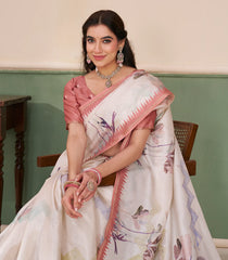 White Printed Synthetic Tussar Saree With Floral Motifs-SY0507