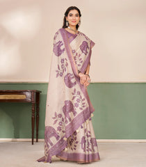 Taupe Printed Synthetic Linen Tissue Saree With Contrast Pink Border-SY0500