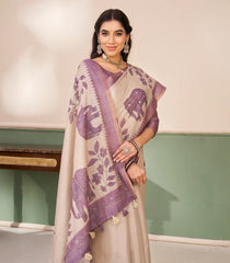 Taupe Printed Synthetic Linen Tissue Saree With Contrast Pink Border-SY0500