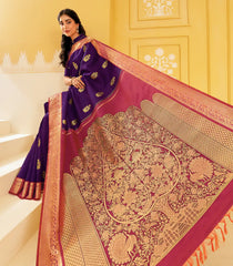 Dark Purple Handloom Kalpavruksham Silk Saree With Floral Buttas & Tree of Life Pallu-KA16395