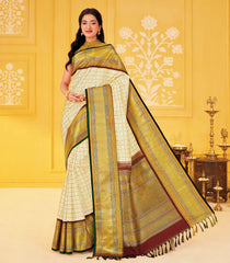 Off White Handloom Golden Pearl Kattam Korvai Silk Saree With Veldari Checks -KA16390